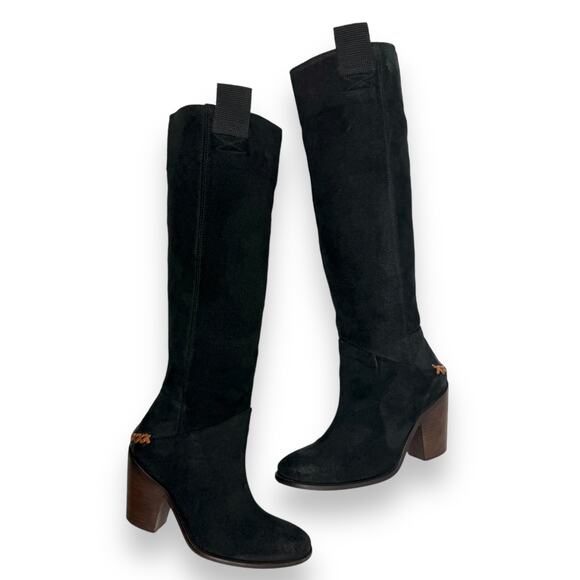 FREE PEOPLE knee high black suede riding boots with braided leather trim - Picture 2 of 16